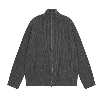 Men's Gray Full-Zip Ribbed Sweater Jacket